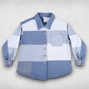 Kori Shacket Women S Blue Denim Faux Wool Patchwork Button Up Oversized Boho